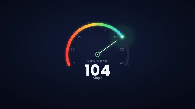 Internet speed test meter rising with download counter on dark dashboard background