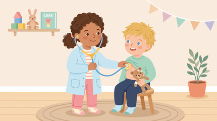 Obraz premium Children playing doctor, girl examining boy with stethoscope, healthcare pretend play