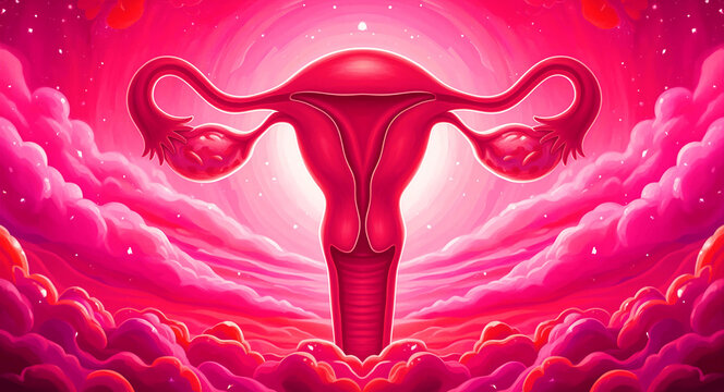 Stylized illustration of the female reproductive system with uterus and ovaries glowing in a pink sky. Digital artwork showcasing anatomy of women's health. Ideal for gynecology and fertility topics.