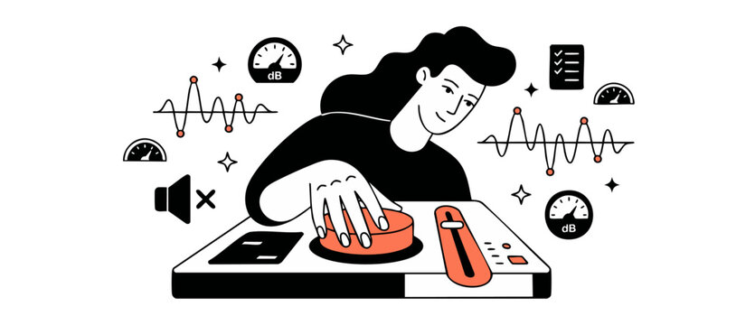 Female DJ mixing sound illustration of woman audio engineer controlling volume knobs on mixing console with wave visualizers and decibel dials for podcasting and music production concept art.