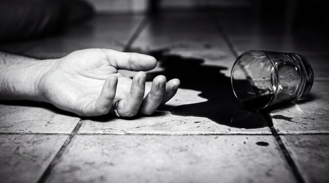 A low-angle shot reveals an unresponsive hand with a ring next to a spilled glass on a tiled floor. A dark puddle spreads, conveying a grim, tragic, and ominous feeling.