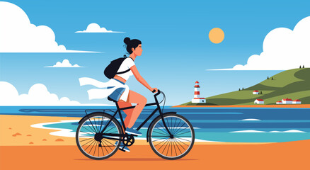 Vibrant vector illustration featuring a woman cycling on a beautiful beach road with a distant lighthouse, perfect for travel and outdoor themes © PDWN Creative