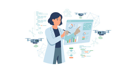 Obraz premium Female Scientist Analyzing Drone Data on Transparent Screen with Advanced Technology.