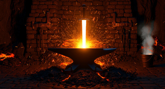 Glowing molten sword blade resting on an anvil in a medieval forge. Intense sparks fly from white-hot steel during the forging process. Fantasy weapon creation and craftsmanship concept.