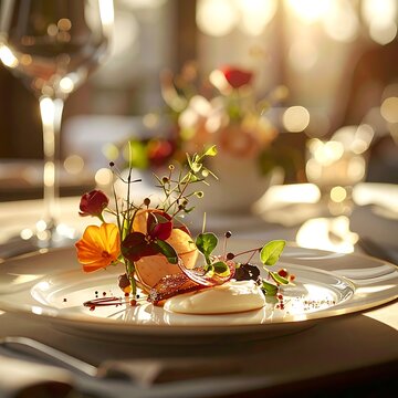 A beautifully set table with a plate of food and wine glasses (1)