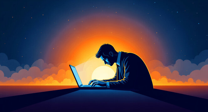 Businessman working on a laptop against a vibrant sunset and starry sky. Professional silhouette focused on digital tasks late at night. Ideal for business, productivity, and remote work themes.