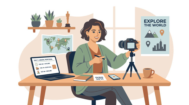 Young Woman Vlogging About Travel from Home Studio Setup.