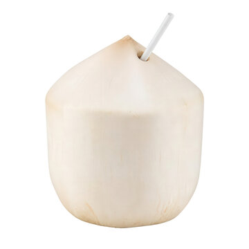 Fresh young coconut water drink with straw isolated on white background