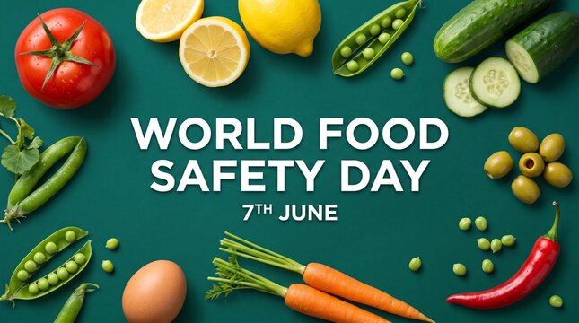 World food safety day 7th june banner with fresh vegetables and fruits on dark green background