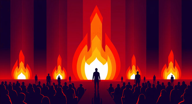 Crowd of silhouettes gathered before massive stylized flames in a dark space. A central figure stands apart watching the intense red and orange fire. Ritual or power concept for abstract media.