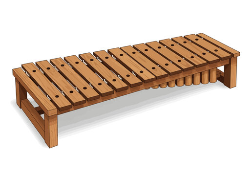 A wooden xylophone musical instrument with resonant bars and pipes.