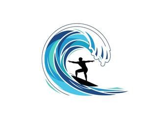 Fototapeta premium A silhouette of a surfer riding a large curling blue ocean wave.