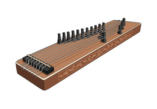 A wooden zither string instrument with tuning pegs and decorative carvings.