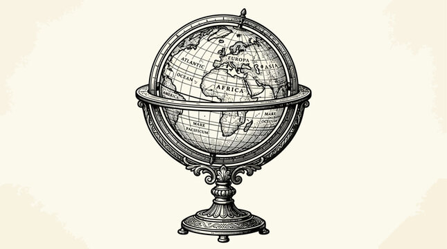 Vintage globe on antique stand, illustration, nobody, old