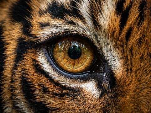 Tiger eye macro showing gold iris and forest reflection