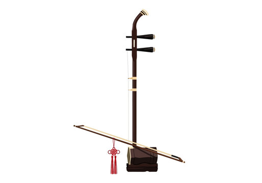 Traditional Chinese erhu string instrument with bow and tassel.