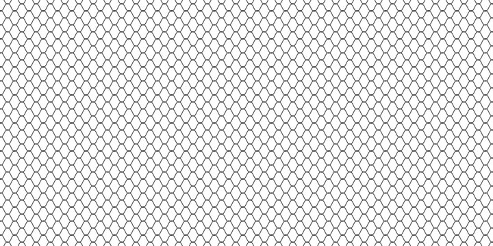 Fishing or soccer net. Repeated hexagon pattern. Black wired mesh texture isolated on white background. Metallic or fabric fence, cage or lattice structure. Vector graphic Illustration.