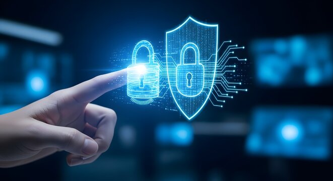 Hand touching glowing digital padlock and shield with circuit board pattern