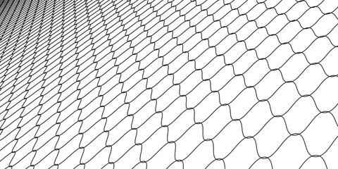 Fishing or soccer net. Repeated hexagon pattern. Black wired mesh texture isolated on white background. Metallic or fabric fence, cage or lattice structure. Vector graphic Illustration. © roni
