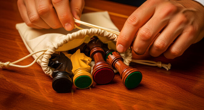 Hands opening a drawstring bag to reveal wooden chess pieces on a table. A person prepares for a match by unpacking game figures. Strategy concept, ideal for business planning and gaming content.