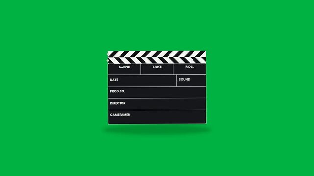 Film clapperboard opening and closing on green screen for chroma key movie production intro