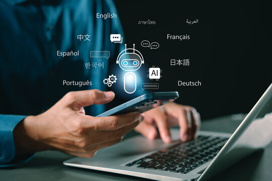 AI smart chatbot assistant offers global multilingual language support, person operates smartphone and laptop using artificial intelligence for communication in various different languages
