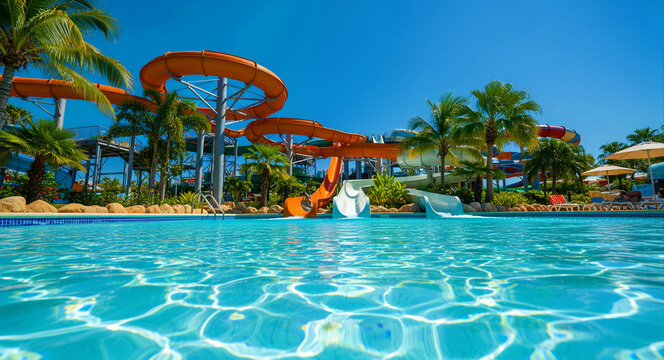 Colorful water slides winding over a clear blue swimming pool. Tropical palm trees and resort amenities under a sunny sky. Summer vacation concept, ideal for travel and recreation marketing.