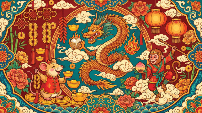 Golden dragon with mouse and monkey celebrating the traditional chinese new year with festive floral decorations
