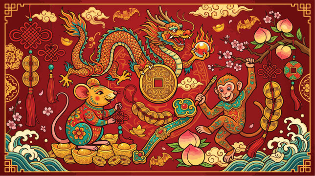 Vibrant illustration featuring a chinese dragon and monkey celebrating the auspicious lunar new year festival