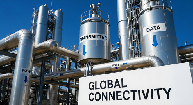 Industrial refinery tanks and steel pipes against a clear blue sky. Metal silos are labeled with data terms like transmitter and wave. Infrastructure and global network concept for technology.