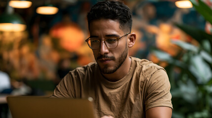 Fototapeta premium Focused Student in Cafe: A young man with glasses intently works on his laptop in a relaxed cafe atmosphere, surrounded by artistic decor and lush greenery, reflecting a modern study or work habit.