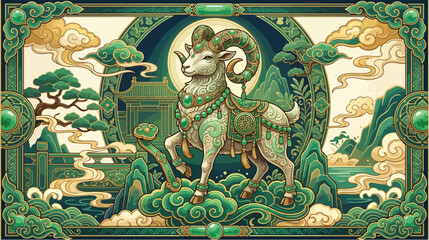 Fototapeta premium Majestic goat adorned with intricate emerald jewelry standing elegantly in a traditional ancient chinese artistic style