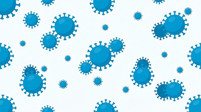 Seamless pattern with many blue virus cells and bacteria floating around in a repeating digital pixel art style design