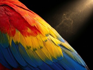 Obraz premium Colorful macaw parrot feathers illuminated by sunbeam in dark