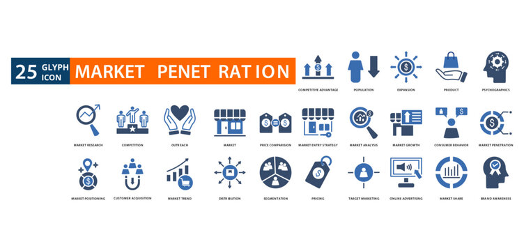 market penetration icon set whit competitive advantage, population, expansion, product, psychographics, market research, competition, outreach, market, price comparison, market entry strategy, 