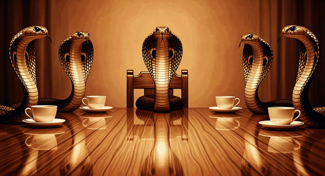 King cobras gathered around a dining table with teacups. Surreal artistic composition showing snakes in a formal social setting. Conceptual metaphor for a toxic business meeting or betrayal.