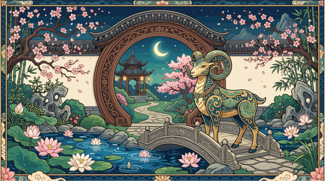Ornate golden ram standing on a traditional stone bridge in a peaceful japanese style garden