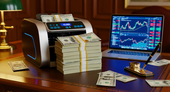 Currency counter with a stack of hundred-dollar bills on an executive desk. Laptop showing stock market charts sits in the background. Financial success concept for banking and investment ads.