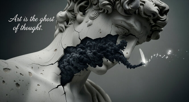 Broken marble statue head with black smoke emerging from the face. Surreal classical sculpture holding a glowing quill and writing symbols. Creative thought and artistic expression concept.