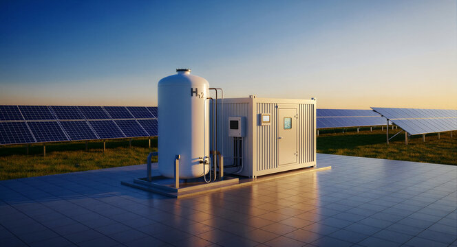Hydrogen storage tank and control unit at a solar farm. Clean energy facility generating renewable fuel through photovoltaic power. Green hydrogen concept for sustainable energy marketing.