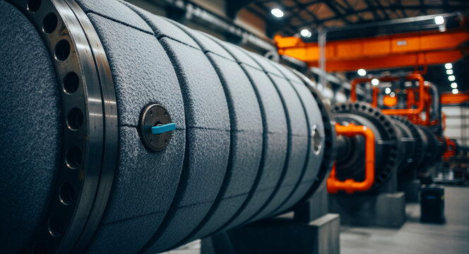 Large industrial cylinder with textured coating in a factory. Massive machinery component featuring a blue valve and metal flange. Heavy engineering and manufacturing concept.
