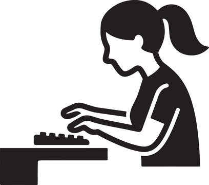 Black silhouette woman typing on keyboard, computer user icon, office worker vector, businesswoman graphic