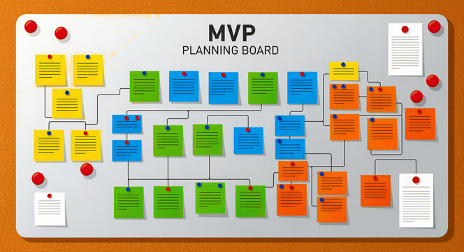 MVP planning board with colorful sticky notes and flow chart. Mind map showing project management and agile development process. Business strategy concept for startup scaling and team collaboration.