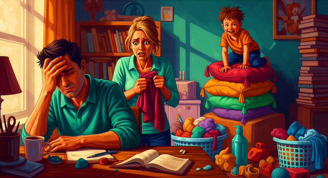 Stressed parents managing household chaos with a hyperactive child in a messy room. Vivid illustration of family burnout and domestic overwhelm. Ideal for parenting and mental health content.