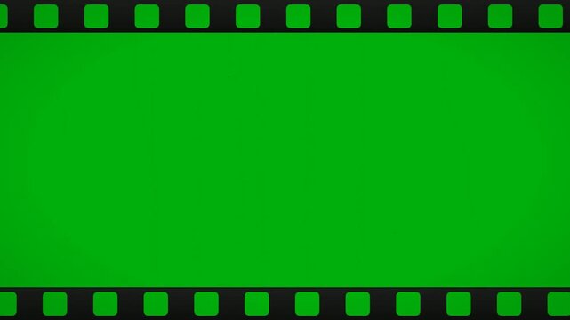 Film strip with green screen frames sliding horizontally for chroma key cinema slideshow overlay