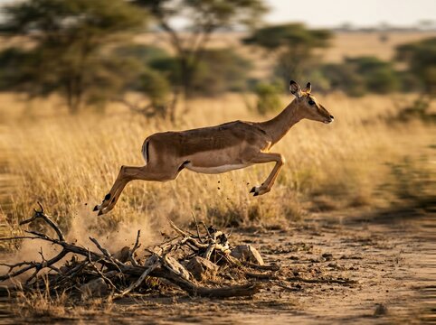 Impala antelope jumping over obstacles in African savanna