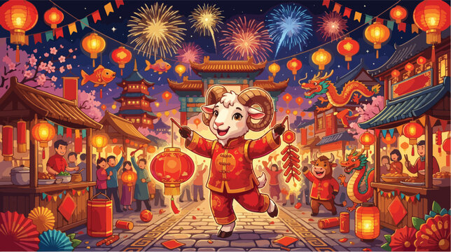 Happy goat character wearing traditional red clothing celebrating the vibrant lunar new year festival at night