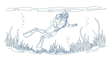 Scuba diver swimming underwater in clear blue ocean water with coral reef and bubbles © omarudinfaridkamar