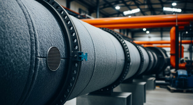 Large industrial insulated pipes with black clamps in a factory. Ductwork system with orange pipes in a background warehouse setting. Heavy industry engineering concept, ideal for maintenance.