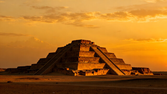 ziggurat. Majestic stepped ziggurat ruins at twilight against golden desert sky. real-estate listings, architecture portfolios, designed for real-estate listing and luxury residence showcases.